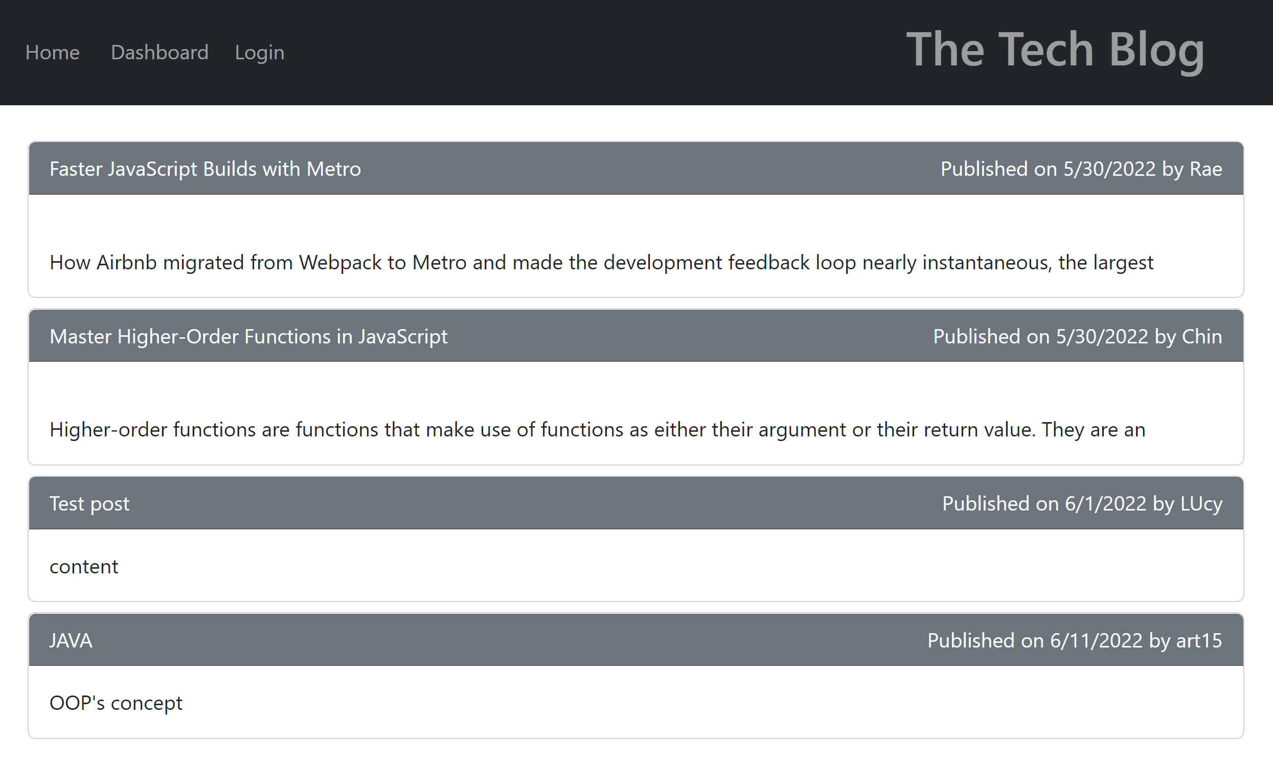 Screenshot of Tech Blog app