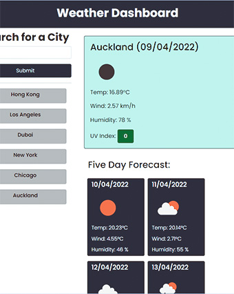 Screenshot of Weather Dashboard app