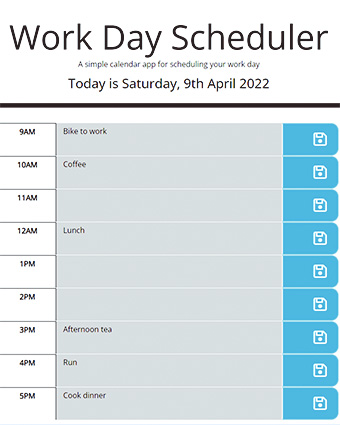 Screenshot of Work Day Scheduler app